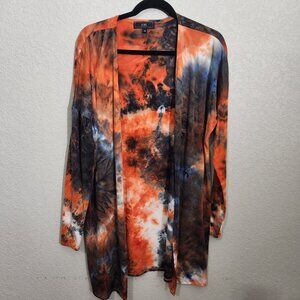 Vibe Sportswear Cardigan XL Tie-Dye Open Front Orange Black Long Boho